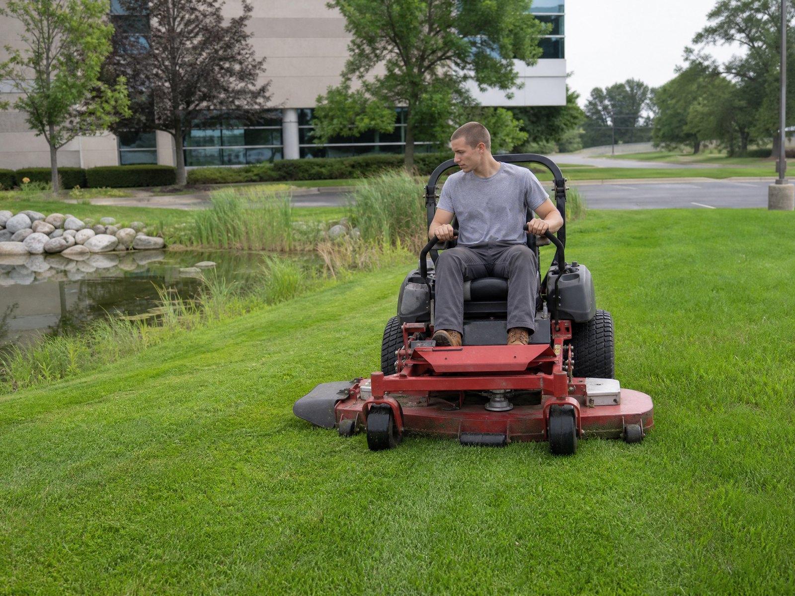 Mowing an office park in summer